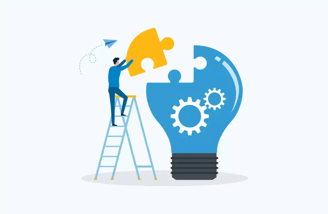 Illustration: a person on a stepladder fitting the last puzzle piece into a giant light bulb full of cogs