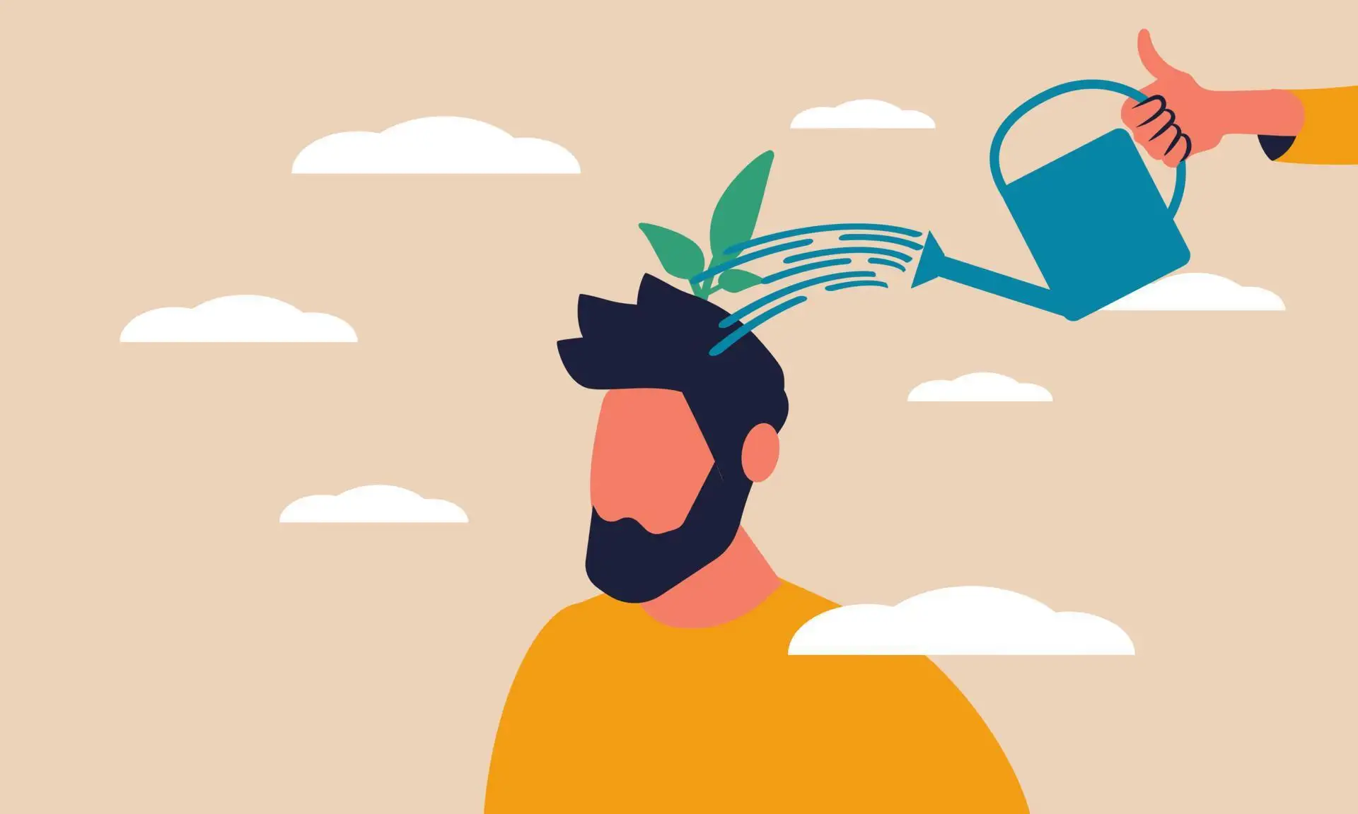 Illustration: a hand watering a plant that grows from a person’s head